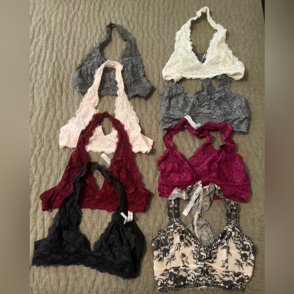 8 XS Free People Lace Bralettes. Assorted colors, halter and racerback style
